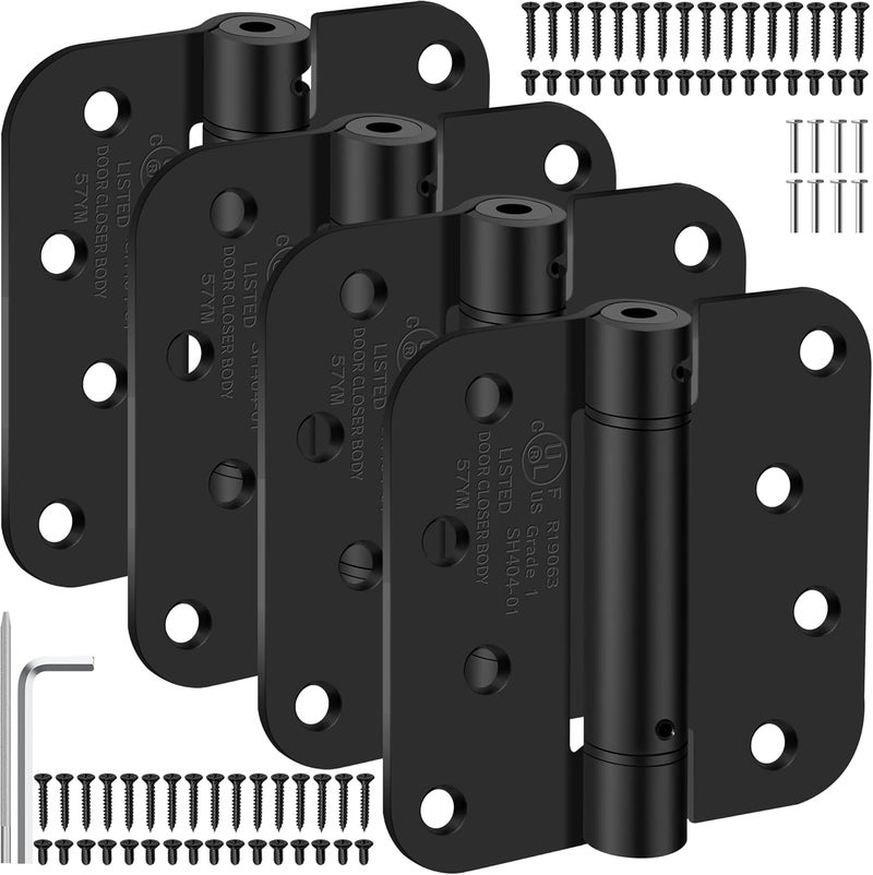 IOQ 4 Inch Self Closing Door Hinges, 5/8" Radius Corners Spring Loaded Hinges for Exterior, Garage, Front and Back Door, UL Listed, for Left and Right Hand Door, Matte Black, 4 Pack - Image 1